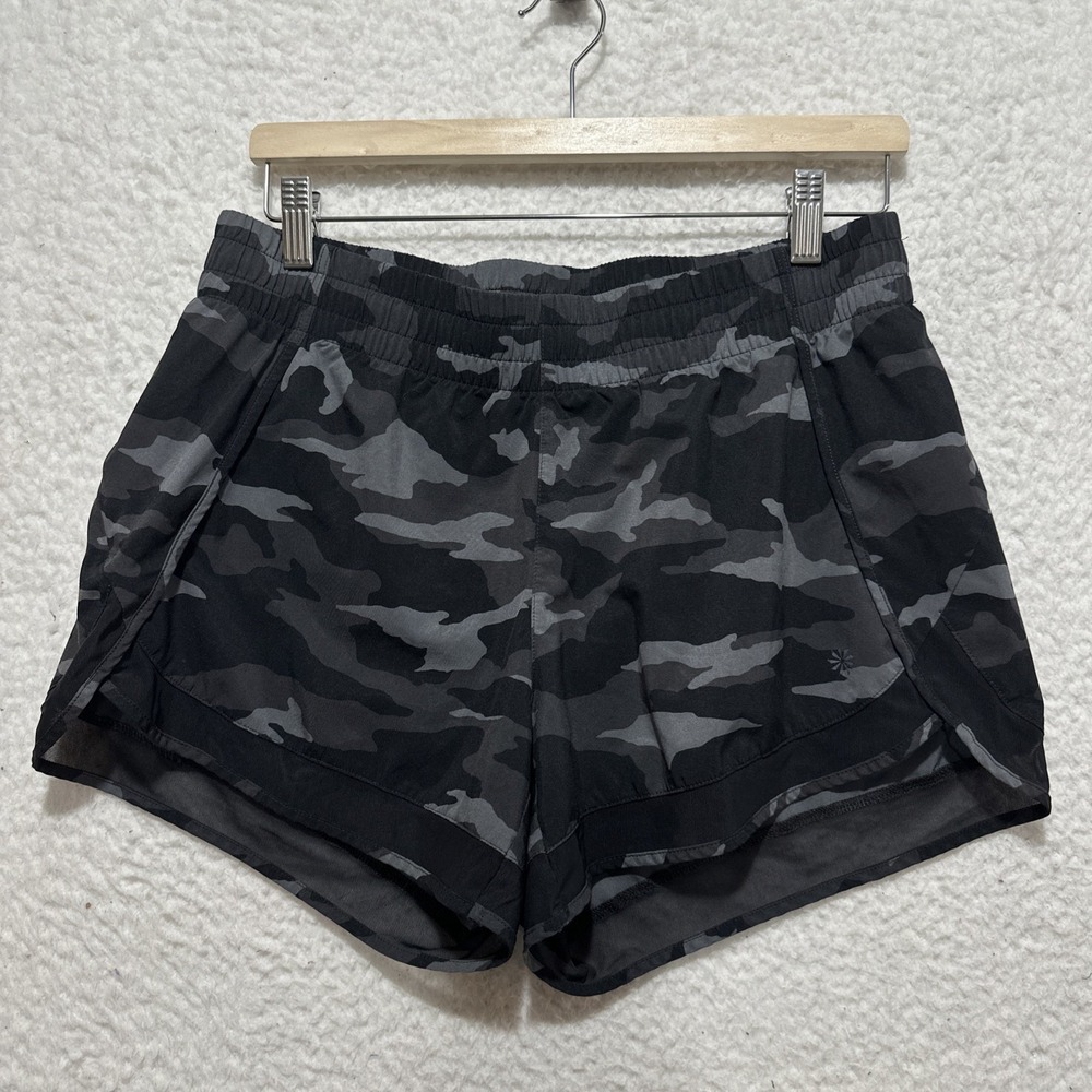Athleta Mesh Racer Run Shorts Size M Black Camo Printed Drawstring Zip Pocket
